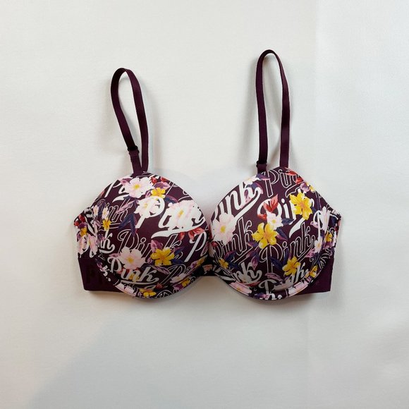 NWOT Victoria's Secret PINK Bra 32D Wear Everywhere Super Push Up Floral Logo - Picture 1 of 8